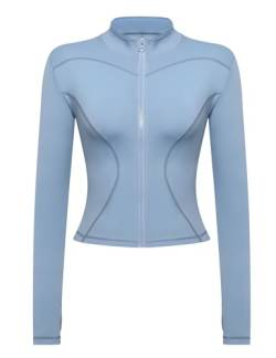 Gyabnw Laufjacke Sportjacke Langarm Crop Tops Gym Oberteil Trainingsjacke Kapuzenjacke Sweatjacke Atmungsaktive mit Reißverschluss Daumenloch Tasche Für Laufen Yoga Fitness BlauM von Gyabnw