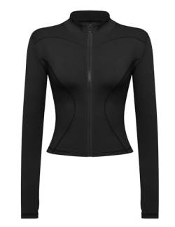 Gyabnw Laufjacke Sportjacke Langarm Crop Tops Gym Oberteil Trainingsjacke Kapuzenjacke Sweatjacke Atmungsaktive mit Reißverschluss Daumenloch Tasche Für Laufen Yoga Fitness SchwarzM von Gyabnw