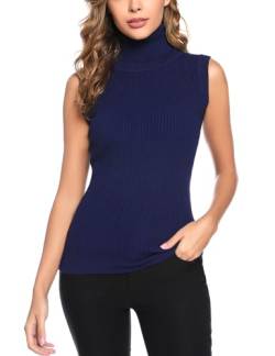 Gyabnw Pullover Damen Ärmellos Rollkragen Strickpullover Elegant Sleeveless Rollkragenpullover Rippenstrick Strickpullunder Herbst Winter Rolli Top, Navy Blau XXL von Gyabnw