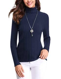 Gyabnw Pullover Damen Langarm Rollkragen Feinstrick Winter Herbst Elegante Pullover Slim Fit Stretch Strickpullover Rundhals Pulli Casual Rollkragenpullover für Damen S/M/L/XL/XXL Navy blau von Gyabnw