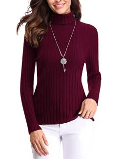 Gyabnw Rollkragenpullover Damen Rollneck Pullover Elegant Winter Strickpullover Feinstrickpullover Casual Slim Langarm Pulli Oberteile Einfarbig Outwear Business Pullover für das Büro Rotwein von Gyabnw