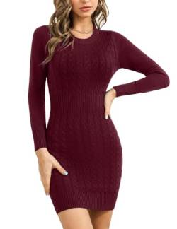 Gyabnw Strickkleid Damen Langarm Pulloverkleid Rundhals Winterkleid Elegante Bodycon Minikleid Winter Kleid, Rotwein M von Gyabnw