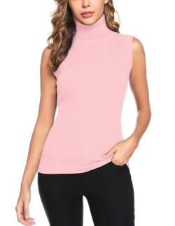 Gyabnw Strickpullover Damen Ärmellos Rollkragenpullover Elegant Rolli Pullover Rollkragen Strick Pulli Sleeveless Herbst Winter Strickpulli, Rosa S von Gyabnw