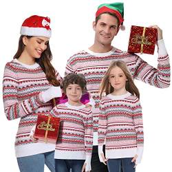 Gyabnw Weihnachtspullover Familie Set Damen Herren Ugly Weihnachtspulli Sweater Norweger Christmas Unisex Partnerlook Strickpullover Winter Warm für Pärchen Kinder Lustig Weihnachtsoutfit WeißXXL von Gyabnw