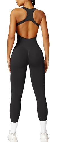 GymNatural Damen-Workout-Jumpsuit mit integriertem BH, Yoga, gerippt, einteilig, athletischer Strampler, Racerback, Bauchkontrolle, Schwarz, Medium von GymNatural