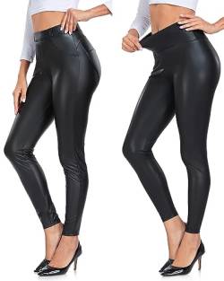 Leder Leggings Lederhose Damen 2er Pack Gefütterte Leggings Schwarz Lederleggings Lederoptik High Waist Push Up Blickdicht Small von GymNatural