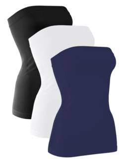 H HIAMIGOS 3 Pack Damen Trägerlos Baumwolle Lange Tupe Top Ärmellos Dehnbar Niedlich Bandeau Tops Nicht Gepolstert, Schwarz/Weiß/Marineblau, X-Groß von H HIAMIGOS