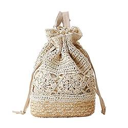 H.S.G.K Damen Gehäkelter Woven Stroh Rucksack mit Lederriemen Umhängetaschen Kordelzug Handtaschen Sommerurlaub Strandtasche Beige von H.S.G.K