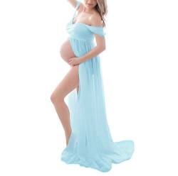 H1ING: Umstandskleid für Fotografie, schulterfrei, Chiffonkleid, geteilte Vorderseite, Maxi-Schwangerschaftskleider für Fotoshootings. Gr. Medium, blau von H1ING