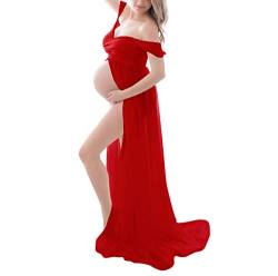 H1ING: Umstandskleid für Fotografie, schulterfrei, Chiffonkleid, geteilte Vorderseite, Maxi-Schwangerschaftskleider für Fotoshootings. Gr. Medium, rot von H1ING