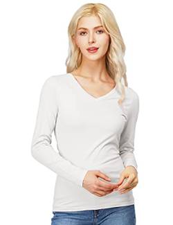 H2H Damen Basic Slim Fit Soft Langarm V-Ausschnitt Baumwolle T-Shirt - Weiß - Klein von H2H