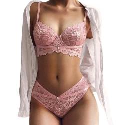 HAAR Sexy Dessous Set Ultra-Dünn Cup Sexy Brassiere Spitze Stickerei Dessous Frauen Unterwäsche Schub-Up Bralette Mode BH Slip Set-Rosa-70C von HAAR