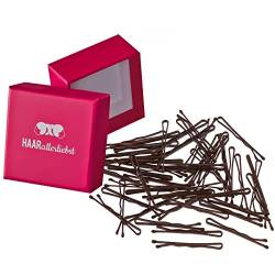 HAARallerliebst 50 Mini Haarklammern Bobby Pins braun 3,4cm klein in Pinker Box (Schachtelfarbe Pink) von HAARallerliebst