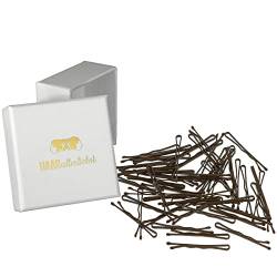 HAARallerliebst 50 Mini Haarklammern Bobby Pins braun 3,4cm klein in Pinker Box (Schachtelfarbe Weiß) von HAARallerliebst