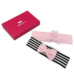 HAARallerliebst Haarbänder mit Schleife und Blumen (36cm | gestreift rosa | 2er Pack) inkl. Schachtel zur Aufbewahrung von HAARallerliebst