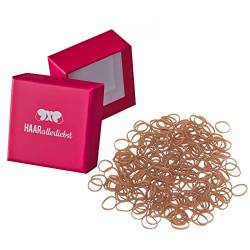 HAARallerliebst Haargummis Gummibänder mini klein (250 Stück | beige | 1cm) für blonde Haare inkl. Schachtel zur Aufbewahrung (Schachtelfarbe: pink) von HAARallerliebst