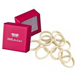HAARallerliebst Haargummis extra soft (10 Stück | hell beige | 4cm) inkl. Schachtel zur Aufbewahrung (Schachtelfarbe: pink; Farbe: beige) von HAARallerliebst