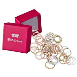 HAARallerliebst Haargummis mini extra klein (45 Stück | rosa, hellblau, gold | 2 cm) inkl. Schachtel zur Aufbewahrung (Schachtelfarbe: pink) von HAARallerliebst