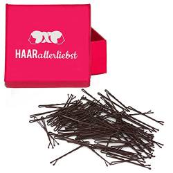 HAARallerliebst Haarklammern (50 Stück | braun | 5cm) inkl. Schachtel zur Aufbewahrung … (Schachtelfarbe: pink) von HAARallerliebst