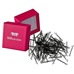 HAARallerliebst Haarklammern klein Bobby Pins mini (100 Stück |schwarz | 3,4cm kurz) inkl. Schachtel zur Aufbewahrung (Schachtelfarbe: pink) von HAARallerliebst