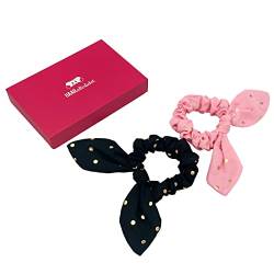 HAARallerliebst Scunchies Haargummis (Schleife mit Punkten | rosa und schwarz | 2 Stück) für Mädchen inkl. Schachtel zur Aufbewahrung von HAARallerliebst