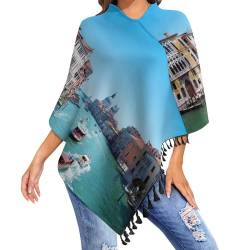 HABXNJF Damen Casual Poncho Top Venedig Italien Schal für Frauen Wrap Schal mit Quasten für Herbst Winter, schwarz-Venedig Italien, Einheitsgröße (Übergröße) von HABXNJF