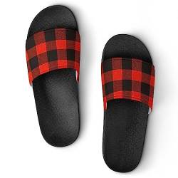 HABXNJF Duschpantoffeln Rot Schwarz Büffel Karo Slider für Männer und Frauen Rutschfeste Slides für Indoor Outdoor, Schwarz Rot Schwarz Büffelkaro, 39 1/3 EU von HABXNJF