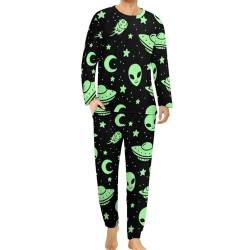 HABXNJF Herren Rundhals Schlafanzug Set, Green Alien Moon UFO Pyjama für Männer, Herren Pyjama mit Taschen, Grüner Alien Mond Ufo, XL von HABXNJF