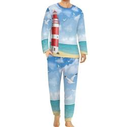 HABXNJF Herren Rundhals Schlafanzug Set Leuchtturm Schlafanzug für Männer Herren Pyjama mit Taschen, Leuchtturm, XL von HABXNJF