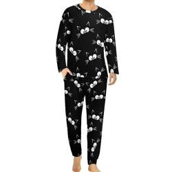 HABXNJF Herren Schlafanzug mit Rundhalsausschnitt, niedliches schwarzes Katzenmuster-Schlafanzug für Männer, Herren-Pyjama mit Taschen, Niedliches schwarzes Katzen-Muster, L von HABXNJF