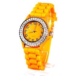 HAC24 Armbanduhr Quarz Damen mit Glitzersteinen Damenuhr Analog Sportuhr Orange Silikon Armband Uhr Quarzuhr Analoguhr von HAC24