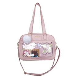 Ita Bag Crossbody Tragetasche Kawaii Niedliche Pin Display Tasche Messenger Japanisch Transparent Klar Schultertaschen, Rosa + Fellball von HACODAN