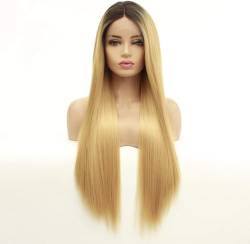 Dunkles Haar, braun, lange, gerade Ombre-Blonde Abendperücke (für schwarze Frauen), natürliches Gefühl, synthetische Ersatzperücke, Tagesperücke, 45,7 cm. Mode von HAENJA