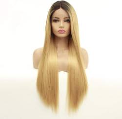 Dunkles Haar, braun, lange, gerade Ombre-Blonde Abendperücke (für schwarze Frauen), natürliches Gefühl, synthetische Ersatzperücke, Tagesperücke, 55,9 cm. Mode von HAENJA