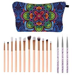 Make-up-Tasche mit 12 Lidschatten-Make-up-Pinseln mit 3 Nagel-Zeichenstiften für Frauen, Blumen-Kosmetiktaschen, Reißverschlusstasche, großes Fassungsvermögen von HAFNFUE