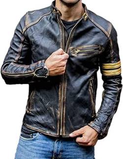 Hafsah Herren Biker-Motorradjacke aus echtem Leder, Used-Look, Schwarz, Goldener Streifen, L von HAFSAH