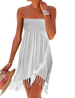 Damen Sommer Bandeau schulterfrei Flora Muster bunt Boho-Stil Casual Mini Strandkleider(WH,L) von HAHAEMMA