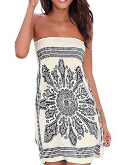 Damen Sommer Bandeau schulterfrei Flora Muster bunt Boho-Stil Casual Mini Strandkleider（WH,L von HAHAEMMA