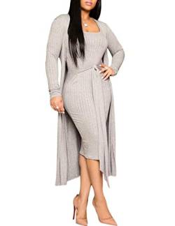 Damen Suit Set Hose und top sexy 3 Piece Outfits for Women Plain Crop Top Wide Leg Long Pants Long Sleeve Cardigan Sweater Casual(GY,L) von HAHAEMMA