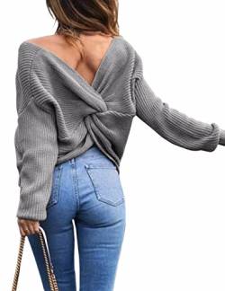 Damen Winter Frühling Sexy Casual V-Ausschnitt Pullover Loose Rückenfrei Fledermaus Batwing Rücken Kreuz Lange Ärmel Sweater Stricken Pullover (GY) Grau von HAHAEMMA