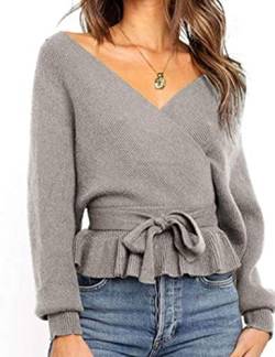 Damen Winter Frühling Sexy Casual V-Ausschnitt Pullover Loose Rückenfrei Fledermaus Batwing Rücken Kreuz Lange Ärmel Sweater Stricken Pullover-GY von HAHAEMMA