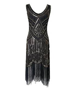 HAHAEMMA 1920s Kleid Damen Pfau Muster Flapper Charleston Kleid Gatsby Pailletten Quasten Saum Cocktail Flapper Abschlussball Kleid（GO,L） von HAHAEMMA