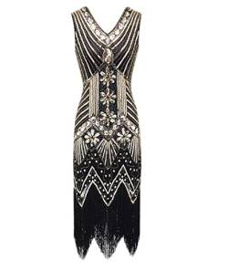 HAHAEMMA 1920s Vintage Kleid Damen Flapper Charleston Kleid Gatsby Pailletten Quasten Saum Cocktail Flapper Abschlussballkleid Abendkleid Cocktail Party Kostüm Kleid（GO1,L） von HAHAEMMA