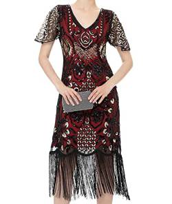 HAHAEMMA 1920s Vintage Kleid Damen Flapper Charleston Kleid Gatsby Pailletten Quasten Saum Cocktail Flapper Abschlussballkleid Abendkleid Cocktail Party Kostüm Kleid（RE1,L） von HAHAEMMA