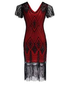 HAHAEMMA Damen 1920s Kleid Elegant Flapper Charleston Kleid Gatsby Pailletten Quasten Saum Cocktail Flapper Abschlussball Kleid（RE-1,L） von HAHAEMMA