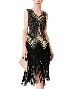 HAHAEMMA Damen 1920s Vintage Kleid Flapper Charleston Kleid Gatsby Pailletten Quasten Saum Cocktail Flapper Abschlussballkleid Abendkleid Cocktail Party Kostüm Kleid(23175 BL,XL) von HAHAEMMA