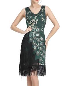 HAHAEMMA Damen 1920s Vintage Kleid Flapper Charleston Kleid Pfau Gatsby Pailletten Quasten Saum Cocktail Flapper Abschlussballkleid Abendkleid Cocktail Party Kostüm Kleid(30977 BG,M) von HAHAEMMA