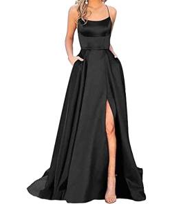 HAHAEMMA Damen Elegant Lange Ballkleider mit Taschen Satin A-Linie Backless Hochzeitskleid Abendkleider Sexy Neckholder Spaghetti Brautkleid Kleider Lang Prinzessin Brautjungfer Kleid (BL-3XL) von HAHAEMMA