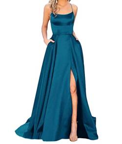 HAHAEMMA Damen Elegant Lange Ballkleider mit Taschen Satin A-Linie Backless Hochzeitskleid Abendkleider Sexy Neckholder Spaghetti Brautkleid Kleider Lang Prinzessin Brautjungfer Kleid (PB-S) von HAHAEMMA