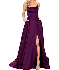 HAHAEMMA Damen Elegant Lange Ballkleider mit Taschen Satin A-Linie Backless Hochzeitskleid Abendkleider Sexy Neckholder Spaghetti Brautkleid Kleider Lang Prinzessin Brautjungfer Kleid (PE-L) von HAHAEMMA